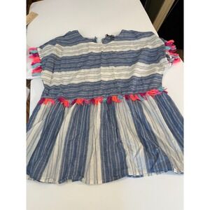 ANDREE BY UNIT Striped Tassel Tunic Top Women's Size L Blue White Boho